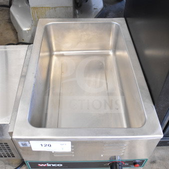Winco FW-S600 countertop food warmer, stainless steel, 120 volts, 1 phase, excellent condition with control knob and label.