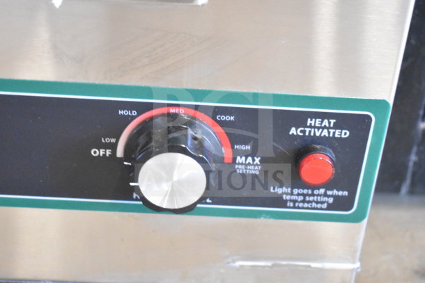 Winco FW-S600 countertop food warmer, stainless steel, thermostat dial, red heat activation button, 120V, 1 phase.