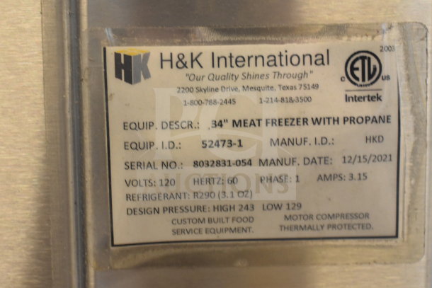 Label on 2021 H&K 52473-1 Commercial Chest Freezer; 120 volts, 1 phase, refrigerant R290, serial 8032831-054.