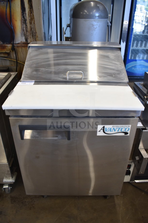 Avantco commercial sandwich salad prep table with bain marie and mega top, stainless steel, on casters, 115 volts, 1 phase.