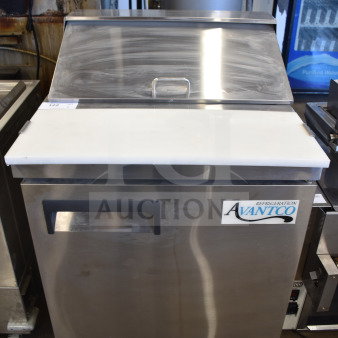 Avantco commercial sandwich salad prep table with bain marie and mega top, stainless steel, on casters, 115 volts, 1 phase.