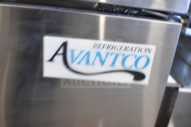 Avantco sandwich salad prep table, stainless steel, commercial casters, 115V, 1 Phase, visible Avantco logo, excellent condition.