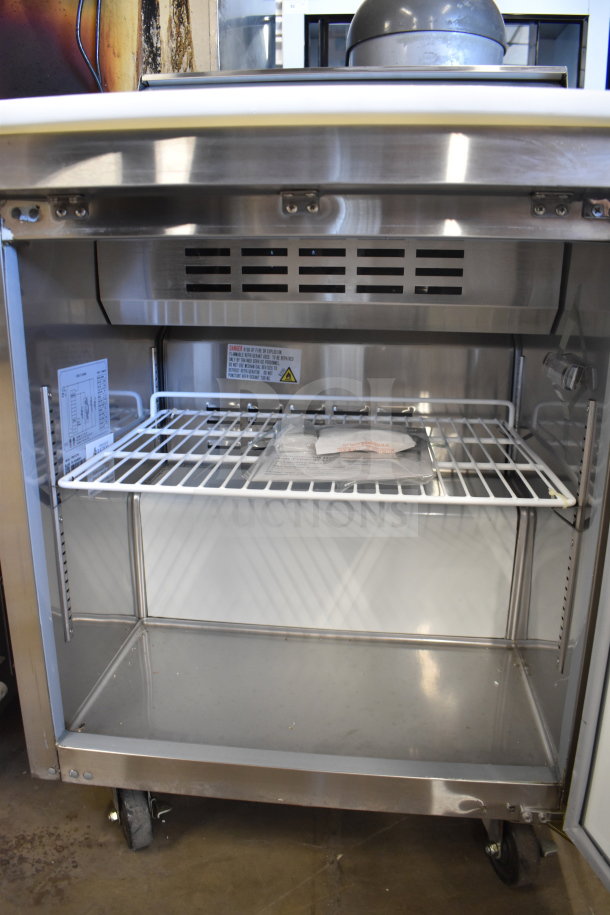 Avantco Commercial Sandwich Salad Prep Table, stainless steel, bain marie mega top, on casters, 115V, 1 Phase, clean interior.