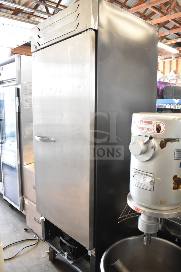 Beverage Air SR1HC-1S commercial single door reach-in cooler on casters, stainless steel, 115 volts, 1 phase, used condition.