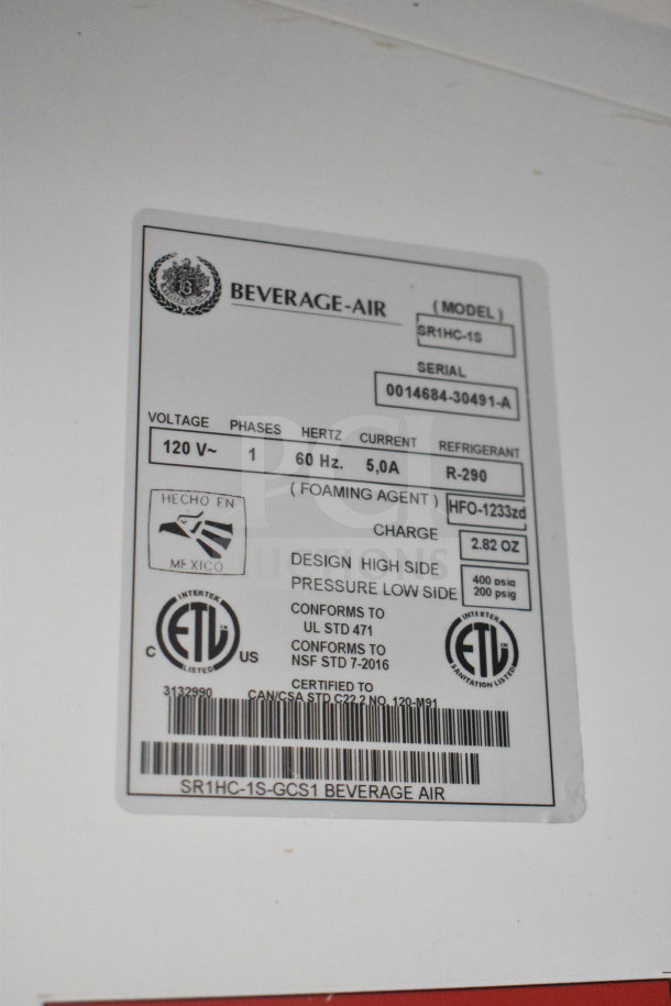 Beverage Air SR1HC-1S commercial cooler label, showing model, voltage, and certifications. 115 volts, single phase.