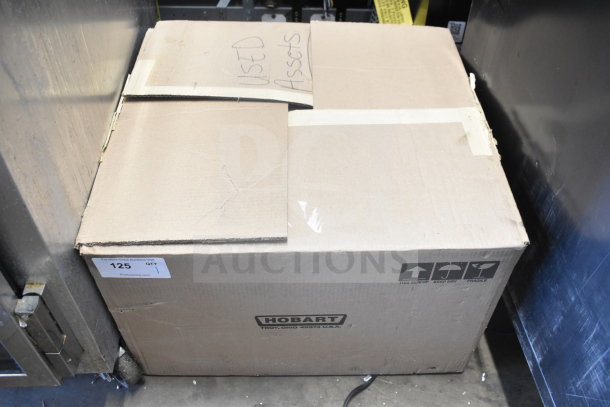 Cardboard box labeled "Hobart" containing a 2017 Hobart HTi-7LH26 Commercial Countertop Food Portioning Scale.