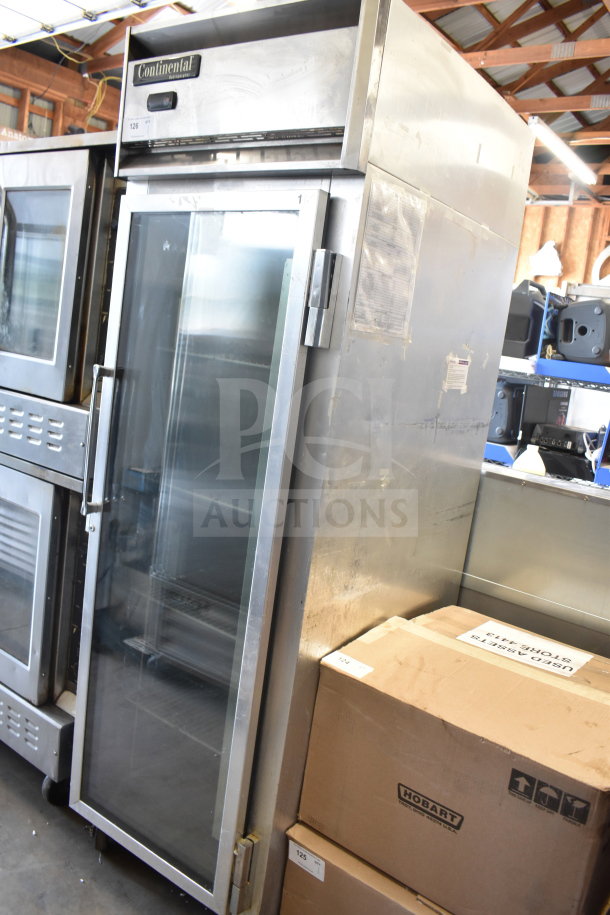 2019 Continental 1RNGD commercial single door cooler, 115 volts, with glass door and visible Continental branding.