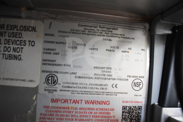 2019 Continental 1RNGD single door cooler, 115V, 1 phase, commercial-grade. Label indicates R290 refrigerant.