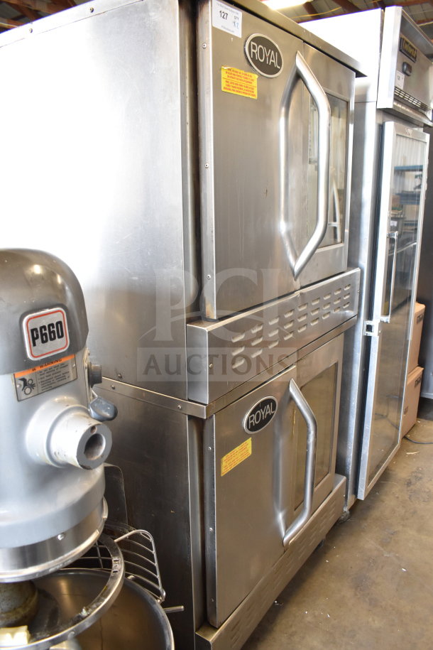 Royal RCOS-1 convection ovens, natural gas, solid/view doors, thermostatic controls, commercial casters, good condition.