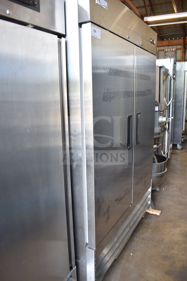Brand new 2026 Avantco 178A49FHC commercial 2-door freezer, 115 volts, with minor scratches, stainless steel exterior.