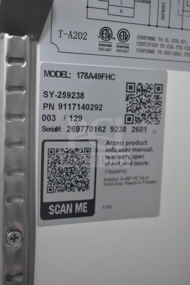 Avantco 178A49FHC Commercial 2 Door Freezer label, includes model, serial number, and QR code for product info. 115V.