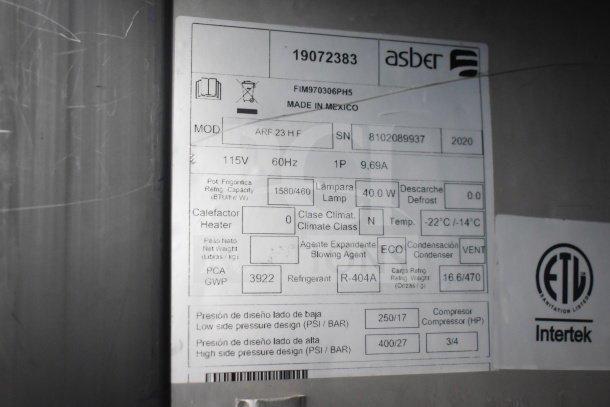 2019 Asber ARF 23 HF Commercial Freezer label. Features 115 volts, 1 phase, made in Mexico. Serial number 8102089937.