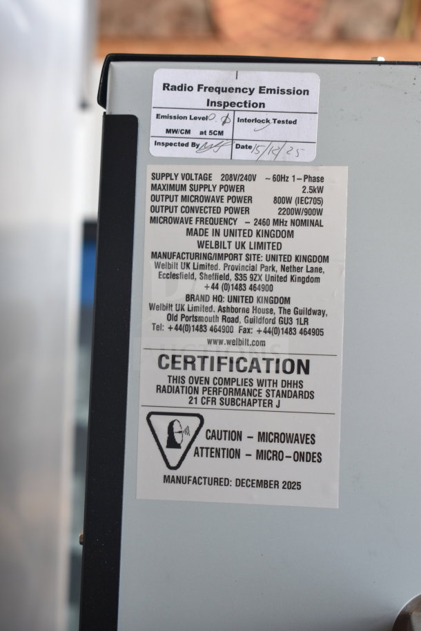 2025 Merrychef eikon e1s electric countertop oven, 208/240V, 1 phase, certification label visible, made in UK.