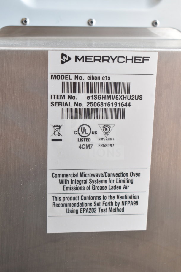 Merrychef eikon e1s countertop oven label showing model, item number, serial number, and safety certifications.