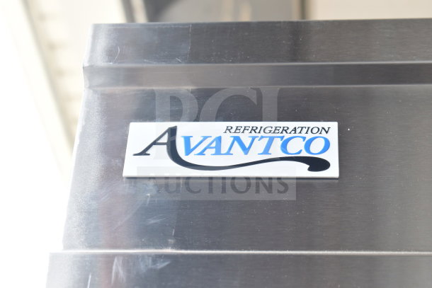 Avantco 178SS2FHC logo on a new stainless steel commercial reach-in freezer.