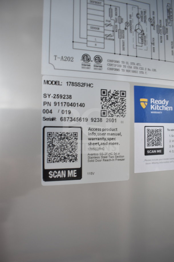 "Avantco 178SS2FHC model label showing product info, warranty, and specs for a 2025 commercial 2-door freezer."