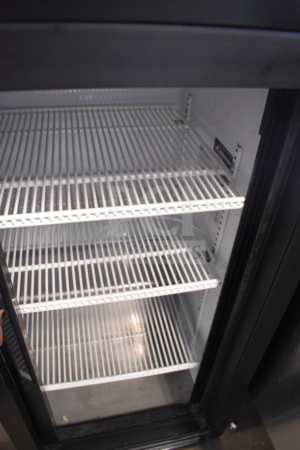 2021 True GDM-09-SQ-HC-LD cooler, 2-door, white wire shelves, commercial use, 115V, black exterior, visible interior label.