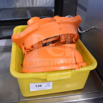 Dynacube Countertop Vegetable Cutter in yellow bin, includes accessories. Visible label: PCI Auctions, item 136.