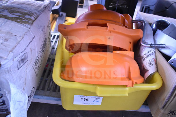 Dynacube Countertop Vegetable Cutter with orange components and accessories in a yellow bin. Used condition. Marked "136 QTY".