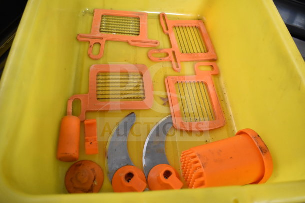 Dynacube Countertop Vegetable Cutter accessories, includes orange blades and components in yellow tray. Used condition.