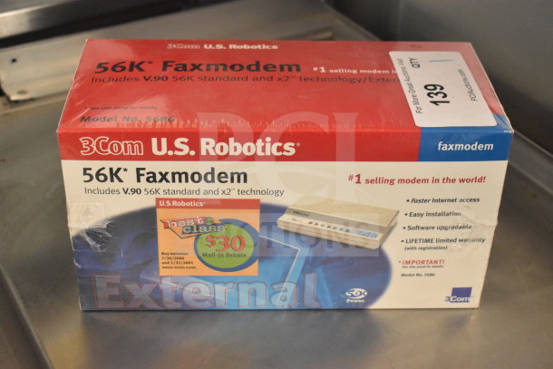3Com U.S. Robotics 56K Faxmodem in box, model 5686. Includes V.90 standard, x2 technology. Box shows features and mail-in rebate offer.