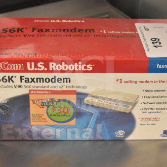 3Com U.S. Robotics 56K Faxmodem in box, model 5686. Includes V.90 standard, x2 technology. Box shows features and mail-in rebate offer.