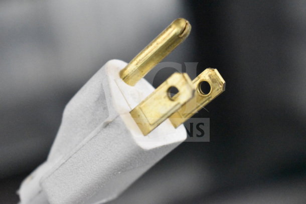 Close-up of LC-1200 Line Conditioner power plug showing three gold prongs, emphasizing plug condition and metal quality.