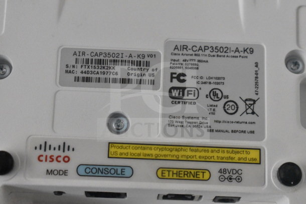 Cisco AIR-CAP3502I-A-K9 Access Point, dual-band, Wi-Fi certified, includes console and Ethernet ports. Serial: FTX1532K2KK.