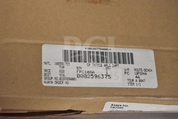 Two Avaya circuit boards, model TN793B 24PT, in original packaging. Label indicates part numbers and order details.