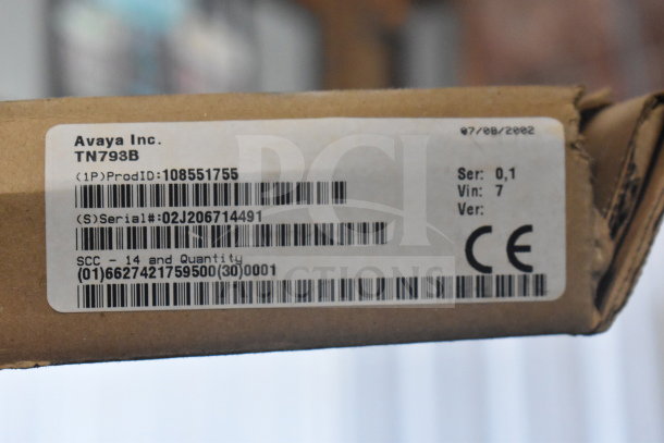 Avaya TN798B circuit board box with label showing product ID 108551755, serial #02J206714491, and SCC details.
