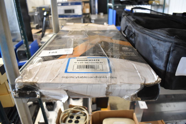 BRAND NEW SCRATCH AND DENT! Regency 72" mobile gas connector hose kit with 2 elbows, valve, restraining device, and quick disconnect. Box shows light damage.