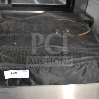 Black mesh bag with a zipper, placed on a metal surface. Auction tag reads "149, QTY 1, PCIAuctions.com."