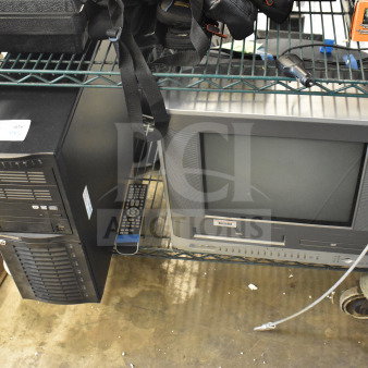 Toshiba MW14F51 TV monitor and computer tower on a shelf. Good condition. Includes remote. Label indicates lot 150.
