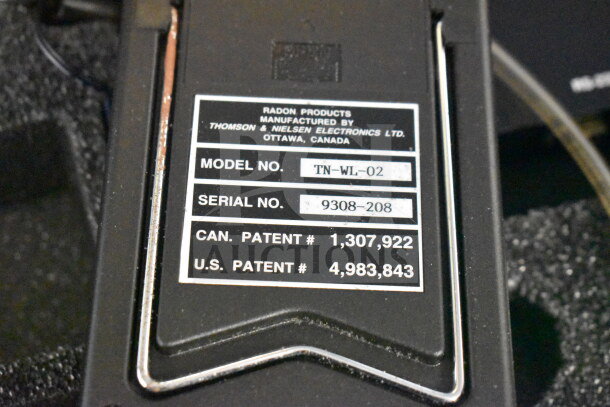 Radon Measurement System model TN-WL-02 by Thomson & Nielsen, serial 9308-208, with patent details.