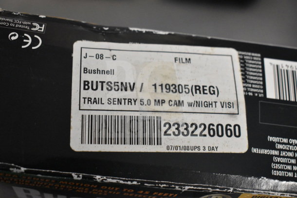 Label on Bushnell Trail Sentry 5MP Camera with night vision; model BUTS5NV/119305.