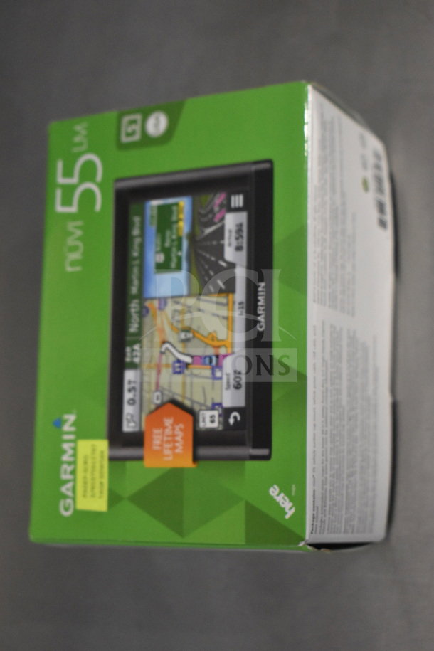 Box with Garmin GPS units: Nuvi 55, Nuvi 40, Nuvi 1350. Features free lifetime maps. Original packaging shown.