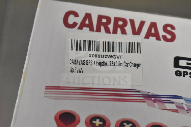 Carrvax X002D2WGVF GPS in original box, new condition, includes 2.5a 3.5m car charger, model label visible.