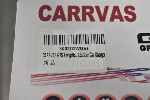 Carrvax X002D2WGVF GPS in original box, includes 2.5A 3.5m car charger, model label visible.