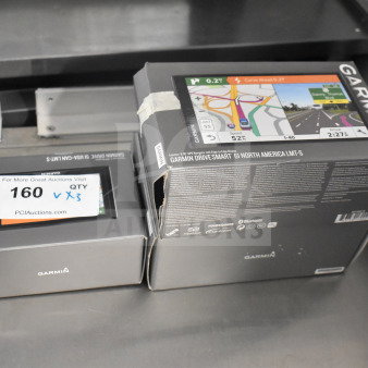 Three Garmin DriveSmart 61 North America LMT-S GPS units in original boxes, labeled "QTY X3".