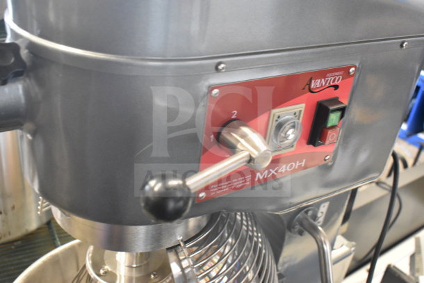"Brand new Avantco 177MX40H commercial dough mixer with bowl, guard, and whisk. 40-quart capacity. 240V, 1 phase."