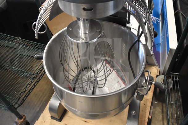 Brand new Avantco 177MX40H 40-quart planetary dough mixer with mixing bowl, bowl guard, and whisk attachment, 240V, 1 phase.