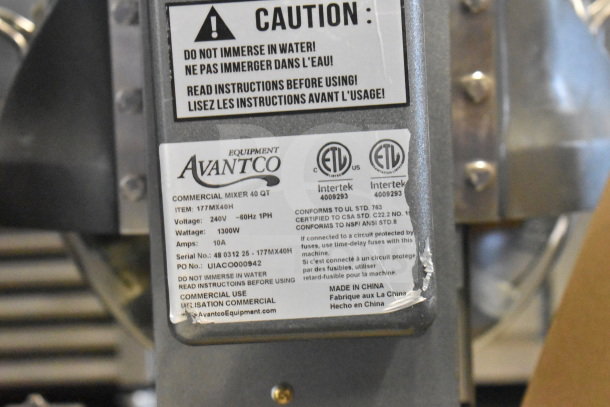 Avantco 177MX40H Commercial 40 Qt Mixer label showing voltage, wattage, and caution instructions.