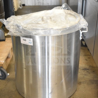 Brand new Choice Heavy Weight Aluminum Stock Pot, 160 Qt., with protective wrapping, labeled for auction, slight scratches visible.