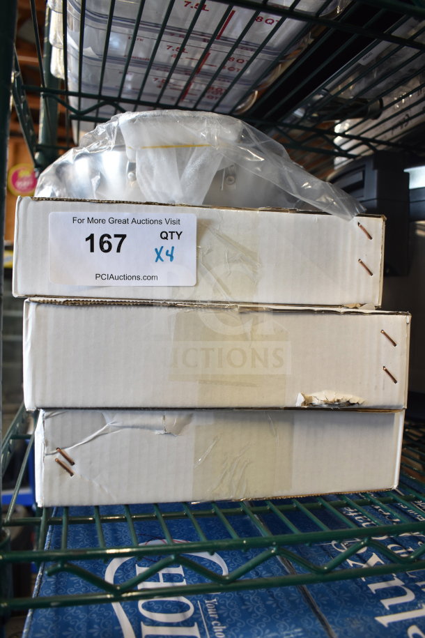 4 new Vigor SS1 Series 9.5" stainless steel fry pans with aluminum-clad bottoms, dual handles, scratch and dent condition. Box marked "QTY x4".