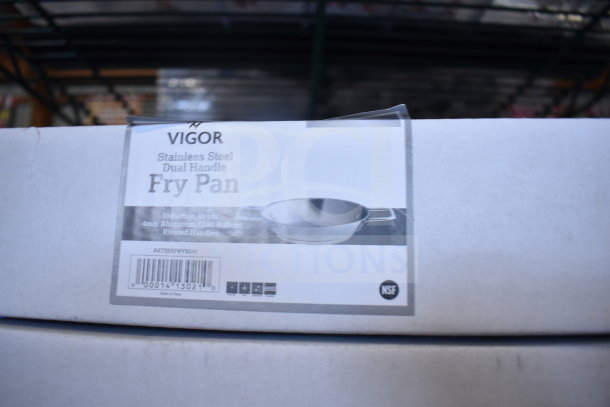 Vigor SS1 Series 9 1/2" Stainless Steel Fry Pan, aluminum-clad bottom, dual handles, new with label. Model: 473SSFRY9DH.