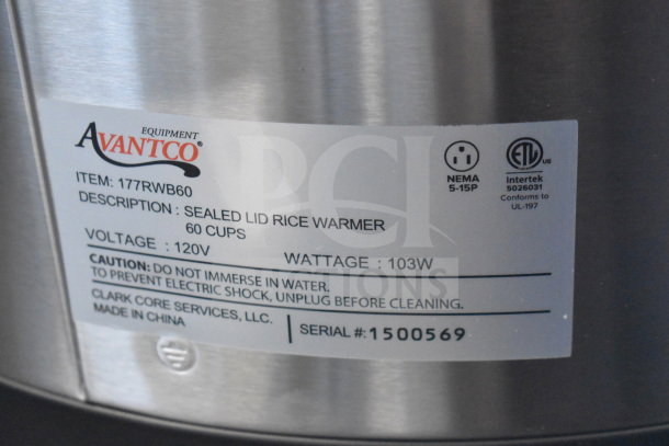 Avantco model 177RWB60 rice warmer, 60-cup capacity, sealed lid, 120V, 103W, serial #1500569, scratch and dent condition.