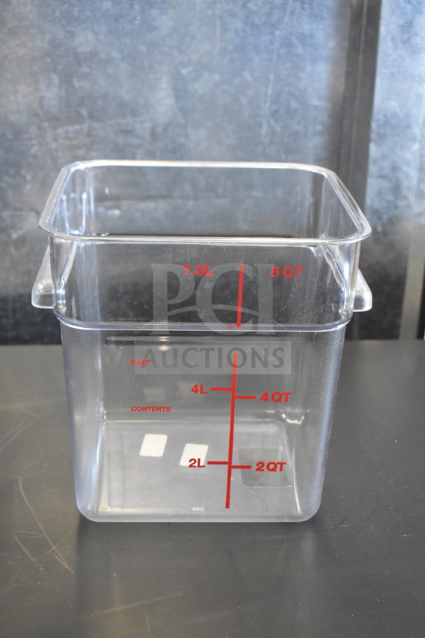 6 new Vigor 247S8CL 8 Qt. clear polycarbonate food containers. Scratch and dent. Capacity markings visible.
