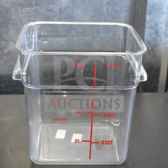 6 new Vigor 247S8CL 8 Qt. clear polycarbonate food containers. Scratch and dent. Capacity markings visible.