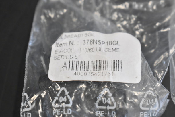 Packaging for Narvon 378NSP18GL Evaporator Coil, sealed with barcode and recycling symbols, labeled "EV-Coil 110/60 UL Ceme."