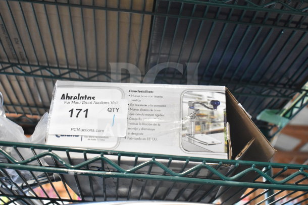 Alt text: Box of Edlund 12000 Old Reliable® #2® Manual Can Opener on shelf. Label shows item description and auction number 171.